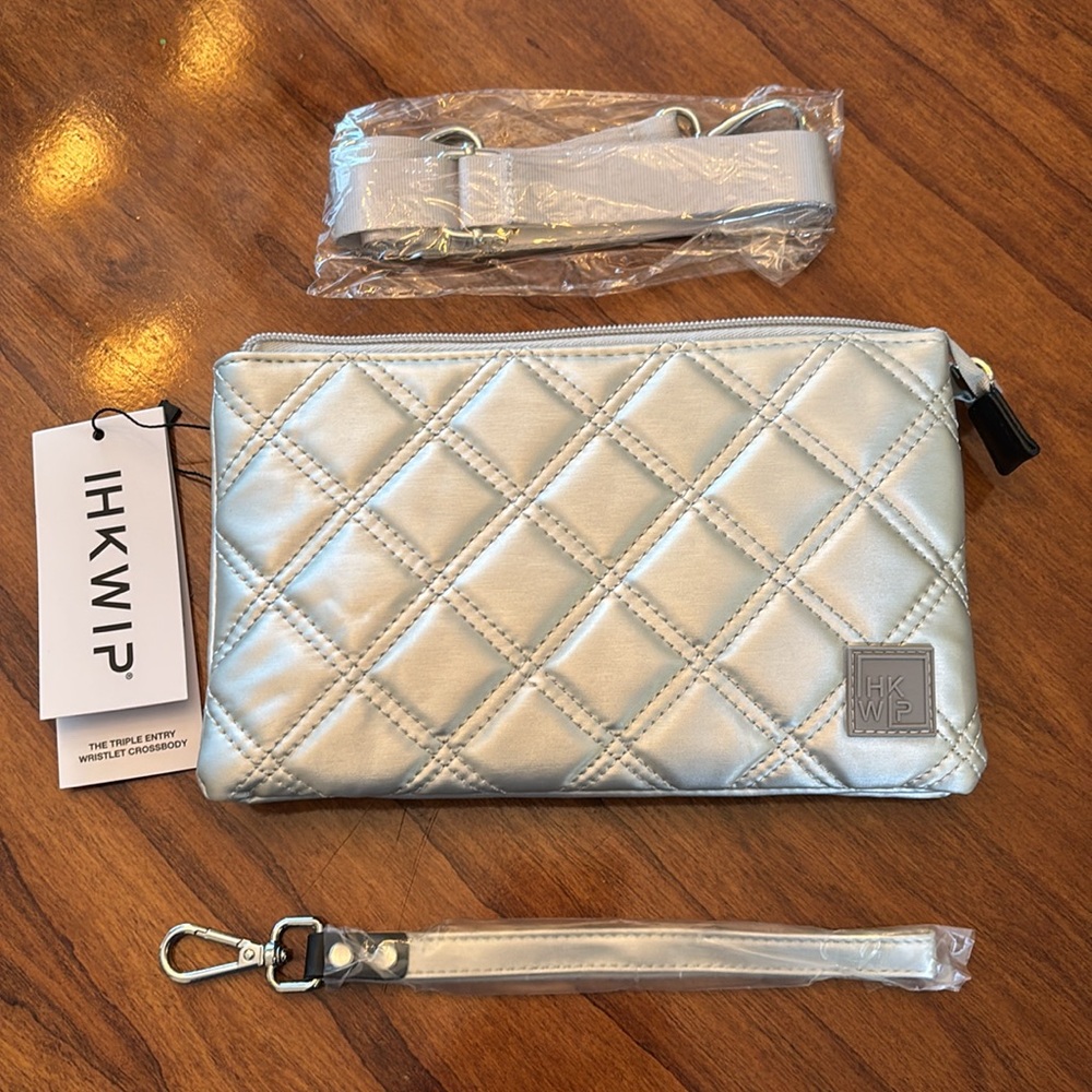 NWT IHKWIP bag quilted silver crossbody/wristlet. Lightweight, compact.